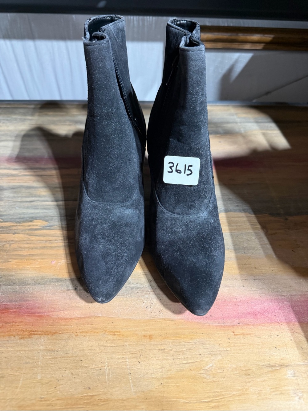 #3615-Pointed Black Suede Ankle Heeled Boots